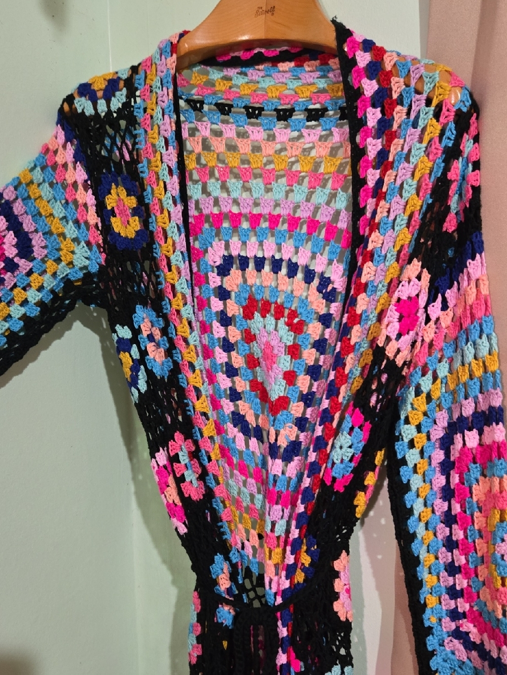 Unbranded Crochet Duster Granny Square Fringe Long Belted Coloful M/L Cardigan
